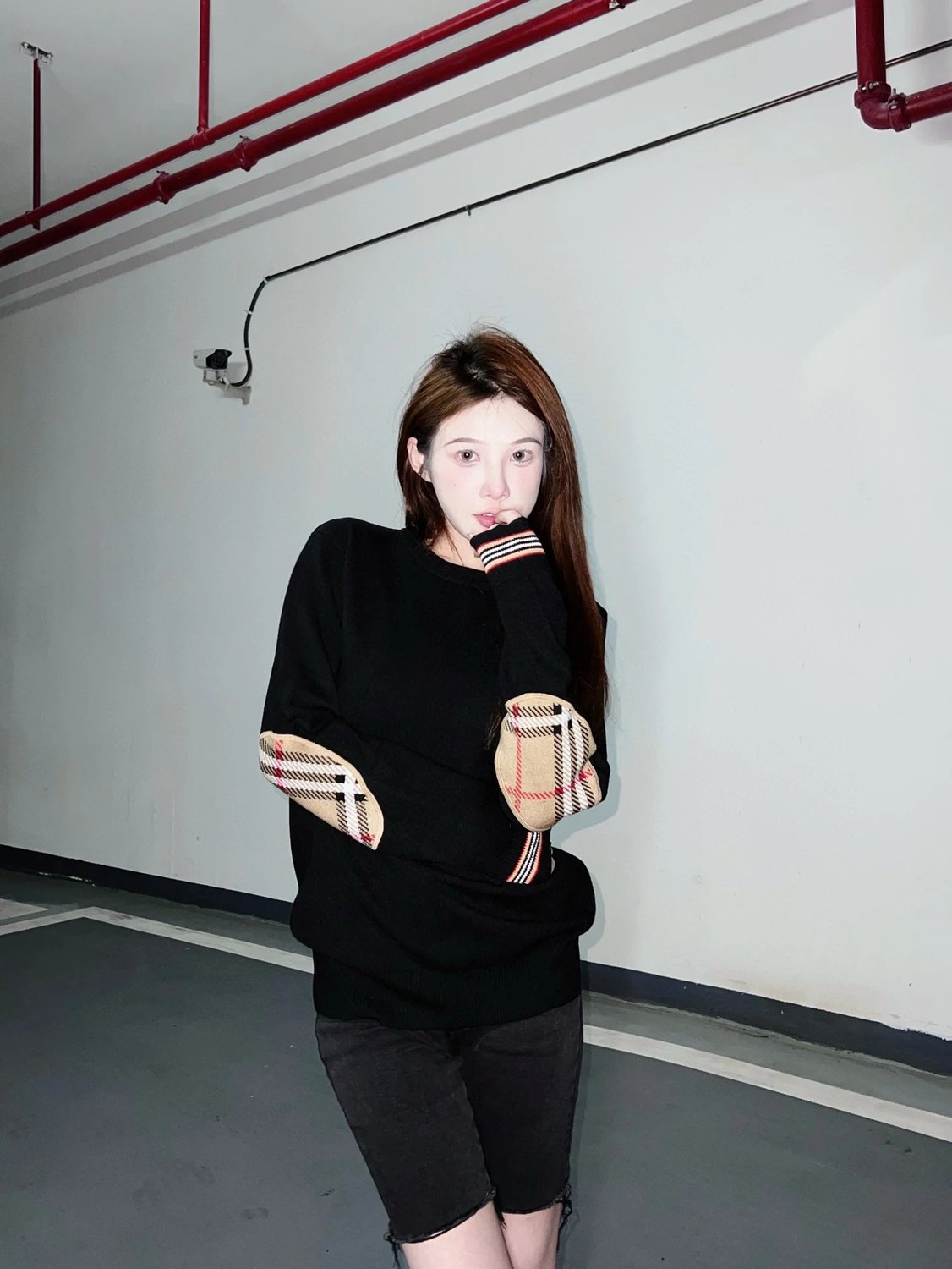 Burberry Check-Elbow Patch Crewneck Sweater Black - 24