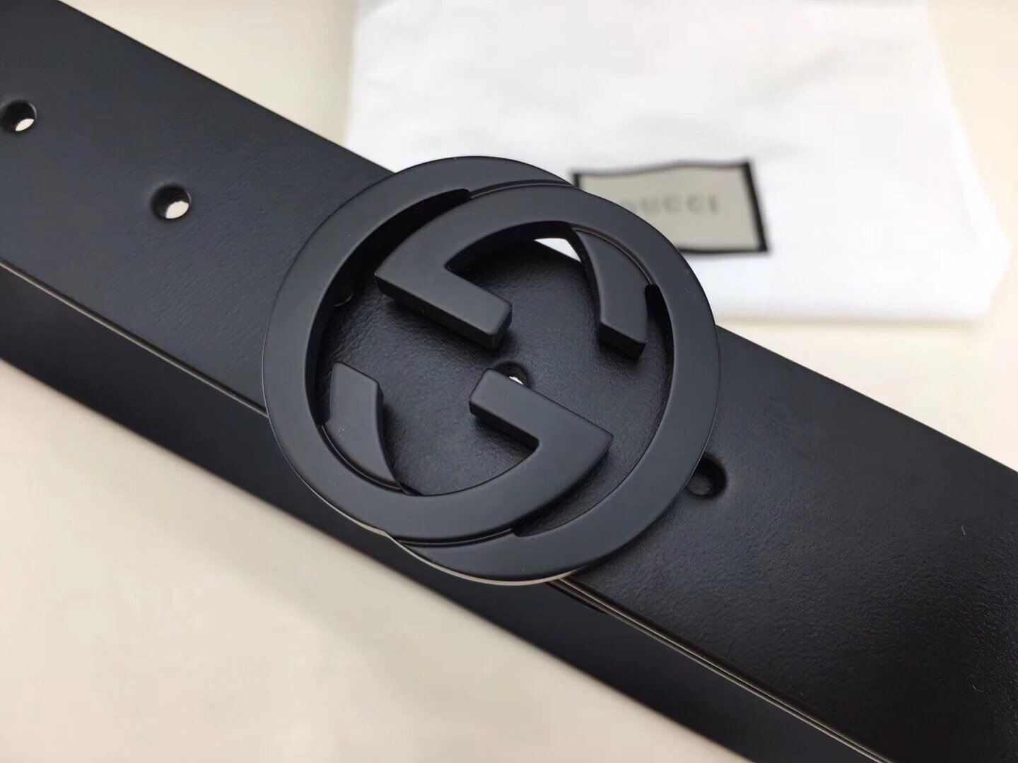 Black Leather Belt with Interlocking G Buckle