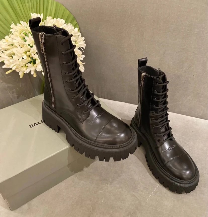 代购版本巴黎世家2023年秋冬新款真皮厚底英伦风机车靴系带大头鞋增高工装靴春秋单靴中筒短靴厚底鞋女