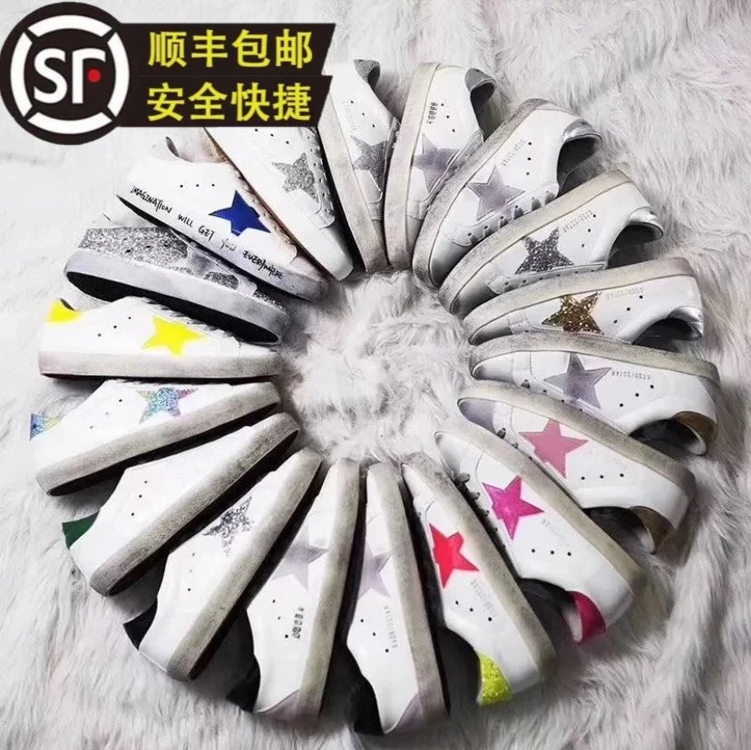 GGDB Golden Goose Super-Star Distressed Sneakers Women's & Men's Vintage Style White Shoes with Star Detail - Black Heel, Red Heel, Silver