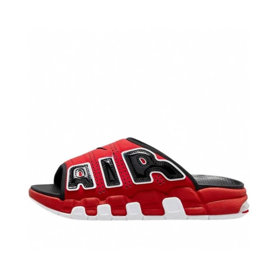 Unbranded Slippers More Uptempo Slide with oversized AIR lettering — Black and red bull