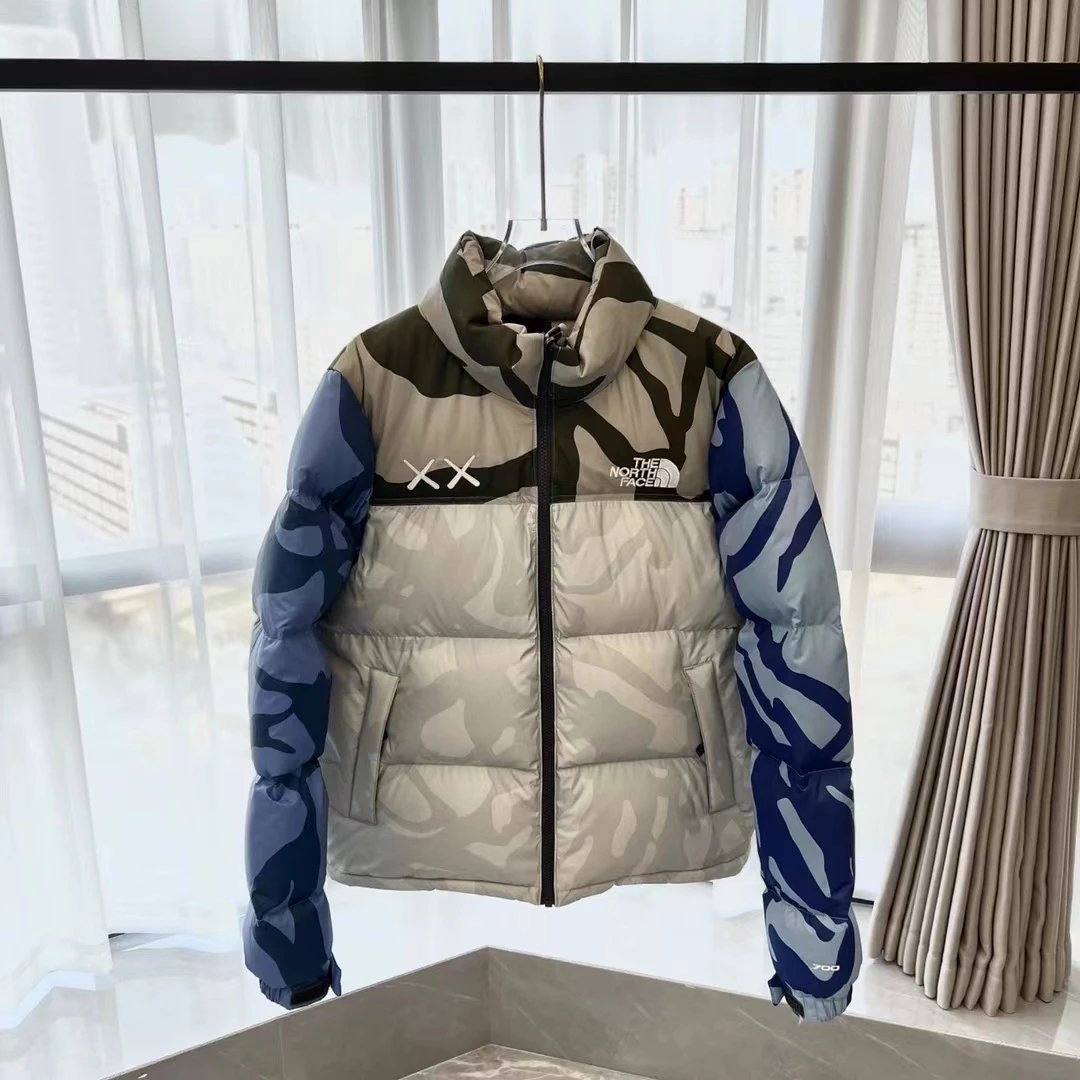 The North Face Down Jackets Hooded quilted puffer jacket with Gucci monogram print — Kaws Collaboration Gray