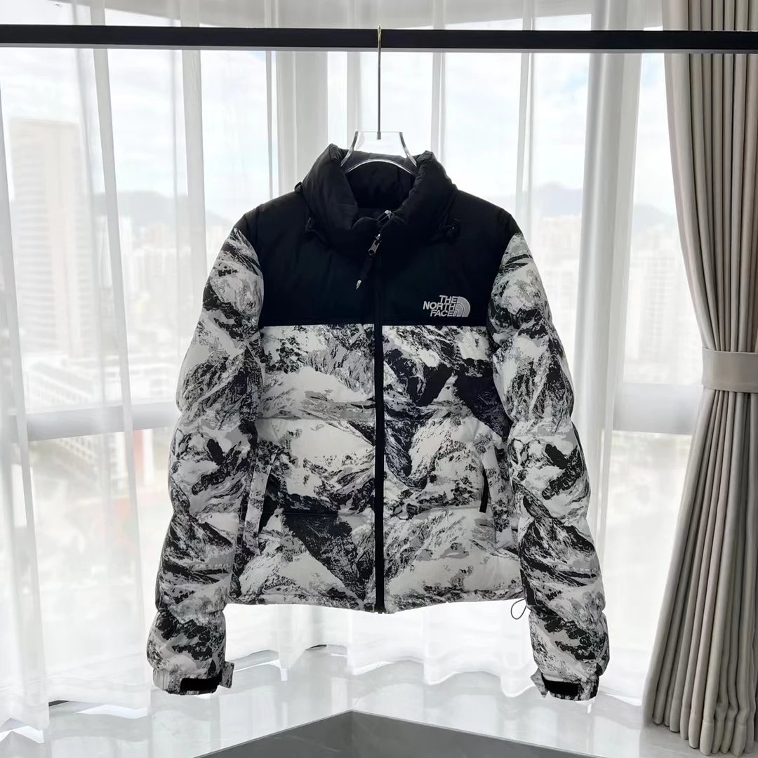 The North Face Down Jackets Hooded quilted puffer jacket with Gucci monogram print — Snow-capped mountain