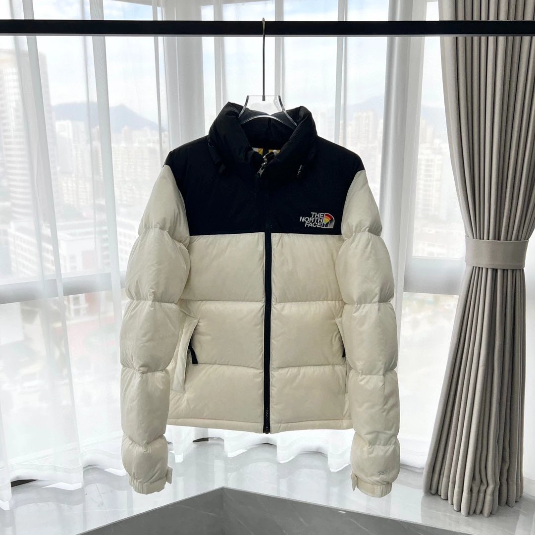 The North Face Down Jackets Hooded quilted puffer jacket with Gucci monogram print — Rainbow mark