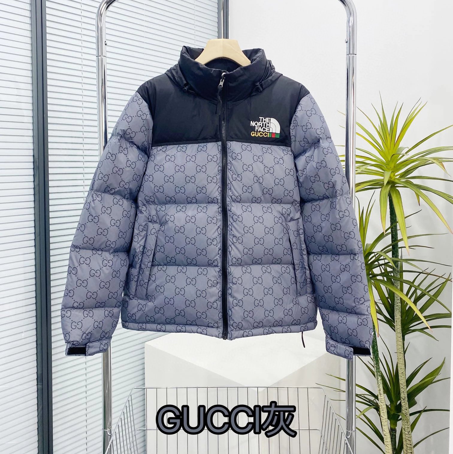 The North Face Down Jackets Hooded quilted puffer jacket with Gucci monogram print — Gucci Collaboration Gray