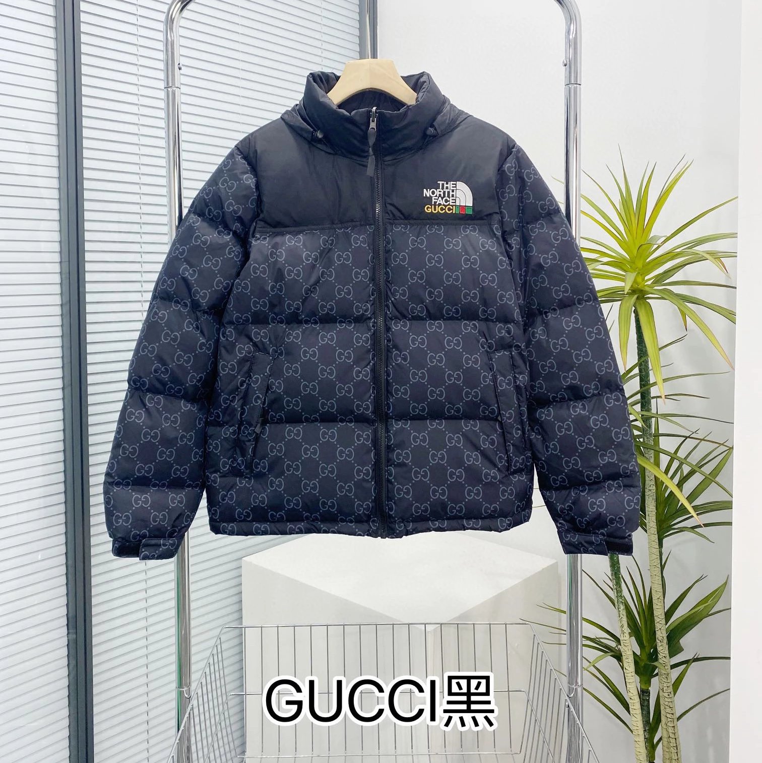 The North Face Down Jackets Hooded quilted puffer jacket with Gucci monogram print — Gucci Collaboration Black
