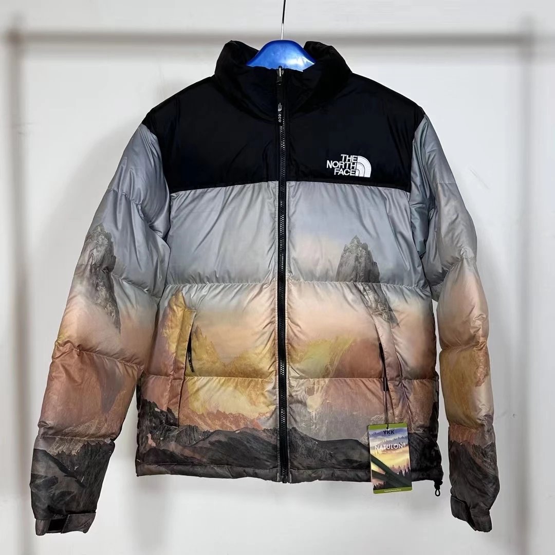 The North Face Down Jackets Hooded quilted puffer jacket with Gucci monogram print — landscape printing