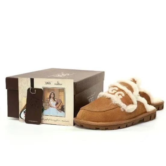 UGG Slippers Embroidered shearling-lined slip-on — Chestnut color
