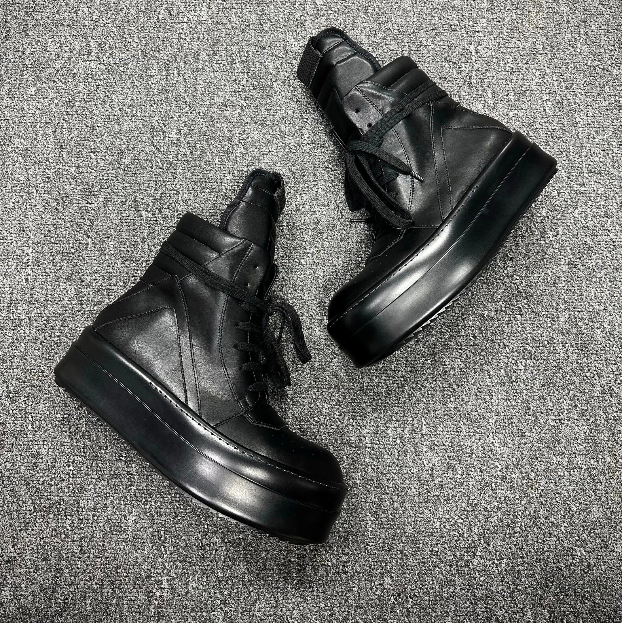 Unbranded Sneakers Platform Lace-Up — RO Leather Inverted Triangle High-top Thick Bottom Black