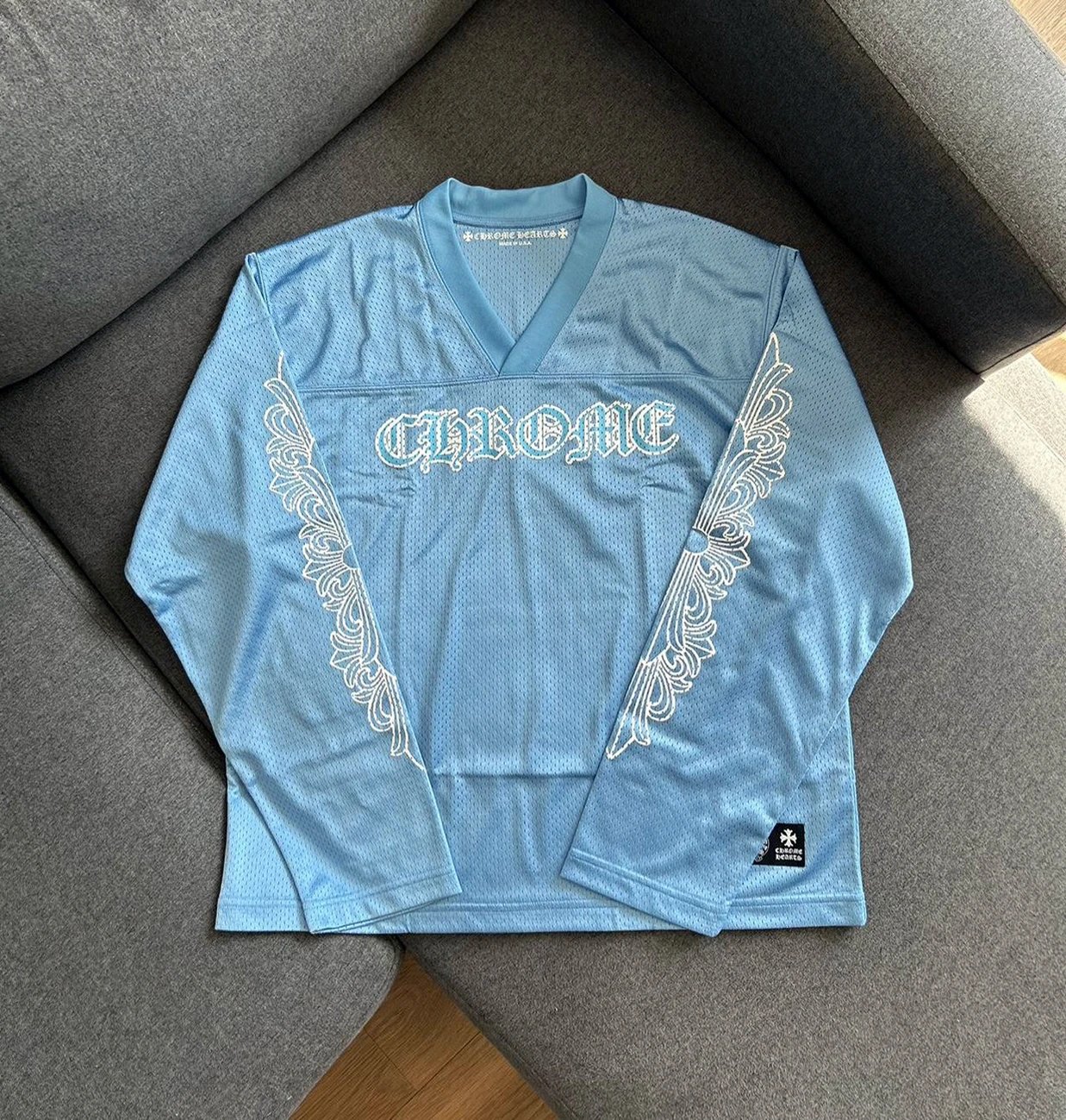 Chrome Hearts Sanskrit Blue Mesh Athletic Hockey Jersey Long Sleeve T-Shirt