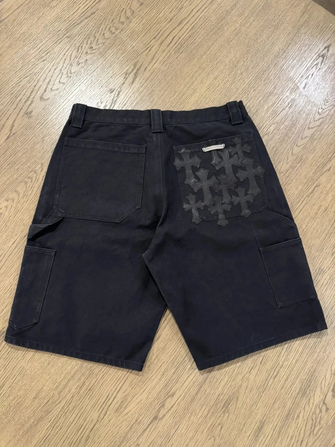 Kroxin CH 925 silver pocket full of crosses, spliced leather logging workwear shorts