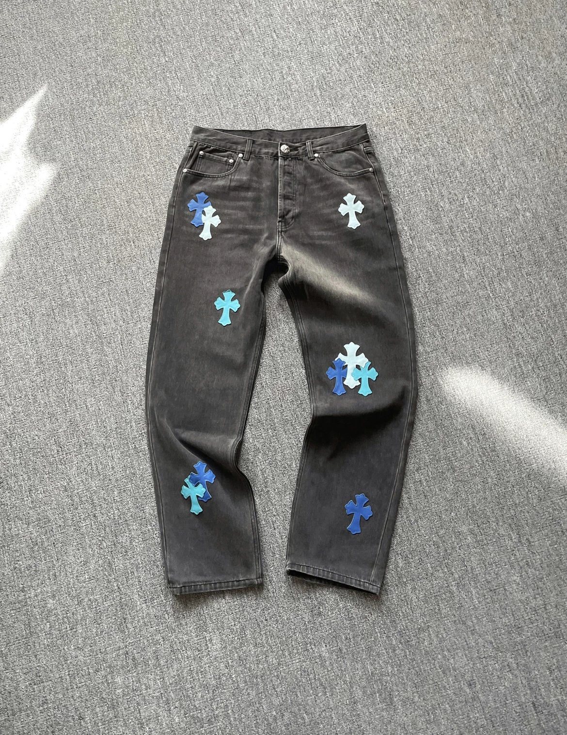 Chrome Hearts London Limited Washed Black-Gray-Blue Patchwork Leather Cross Jeans