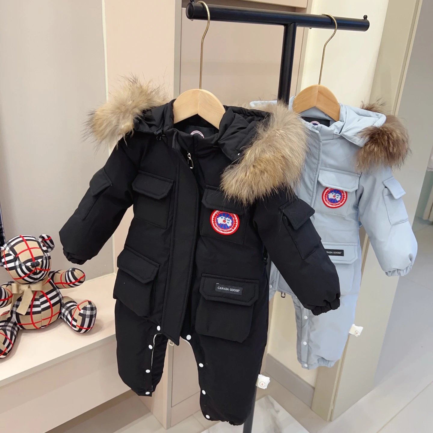 Kid Canada Goose Black Fur Hooded Snowsuit