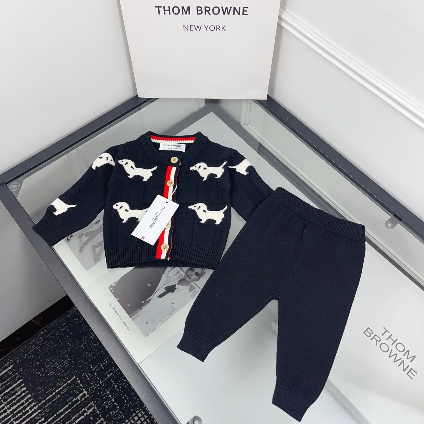 Thom Browne Dachshund Intarsia Knit Cardigan and Pants Set Navy - 13