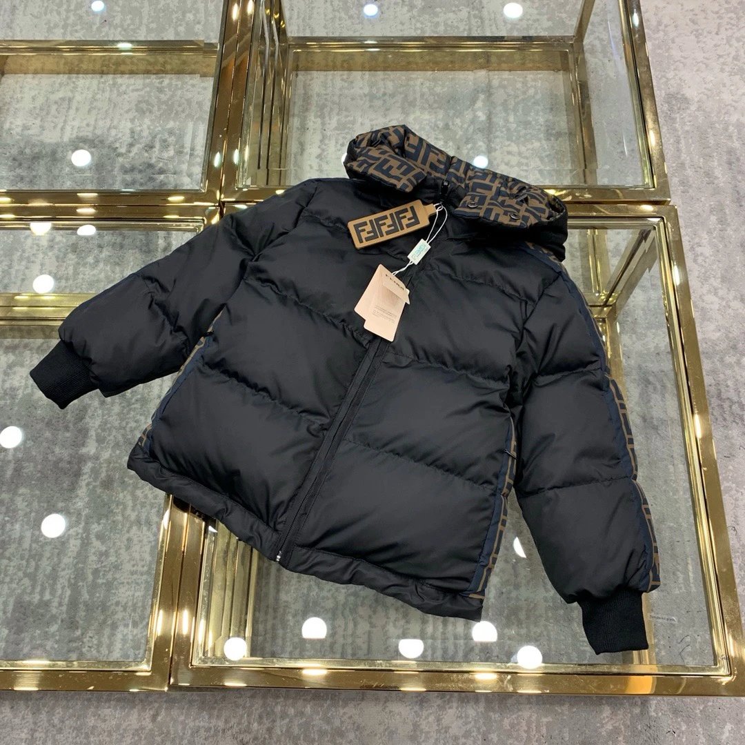 Kid Fendi Black Puffer Jacket with Logo Trim