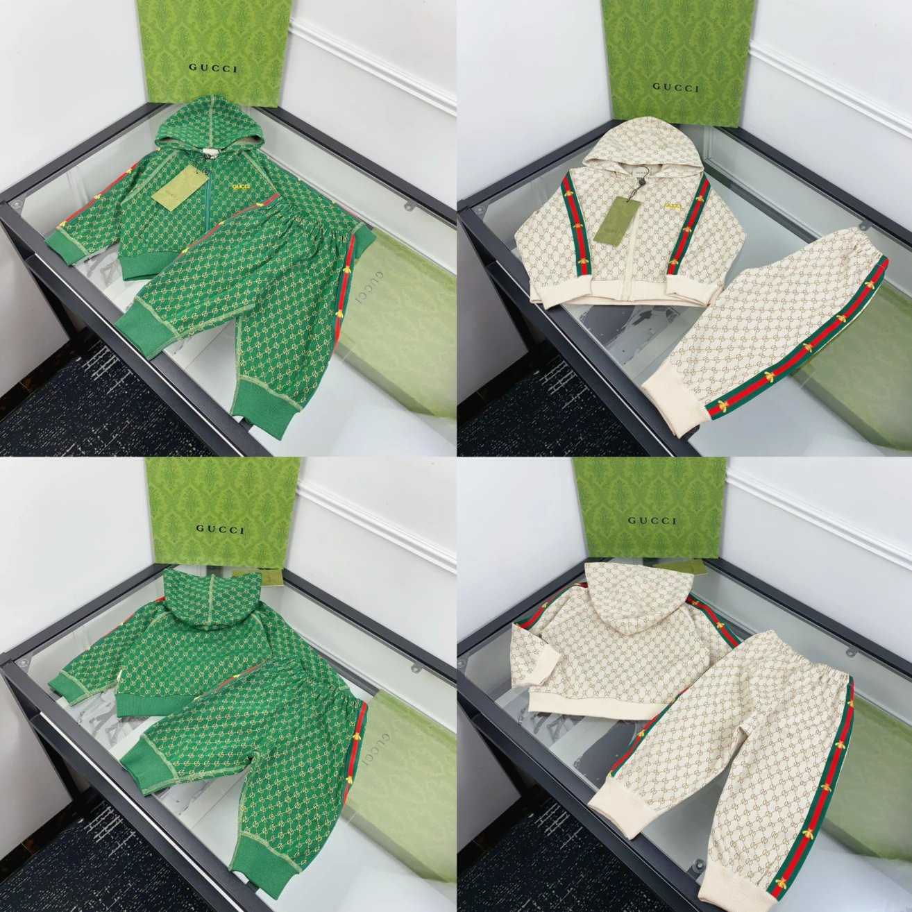 Kid Gucci Green and Beige Hoodie Sets with Matching Pants