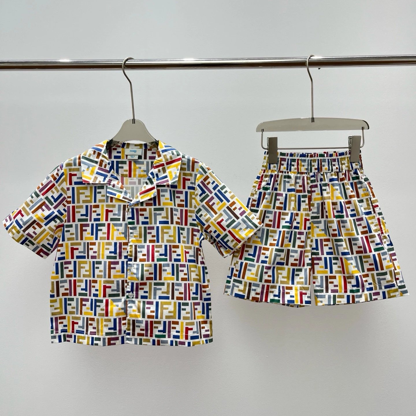 Kid Fendi Colorful Logo Short Sleeve Shirt and Shorts Set
