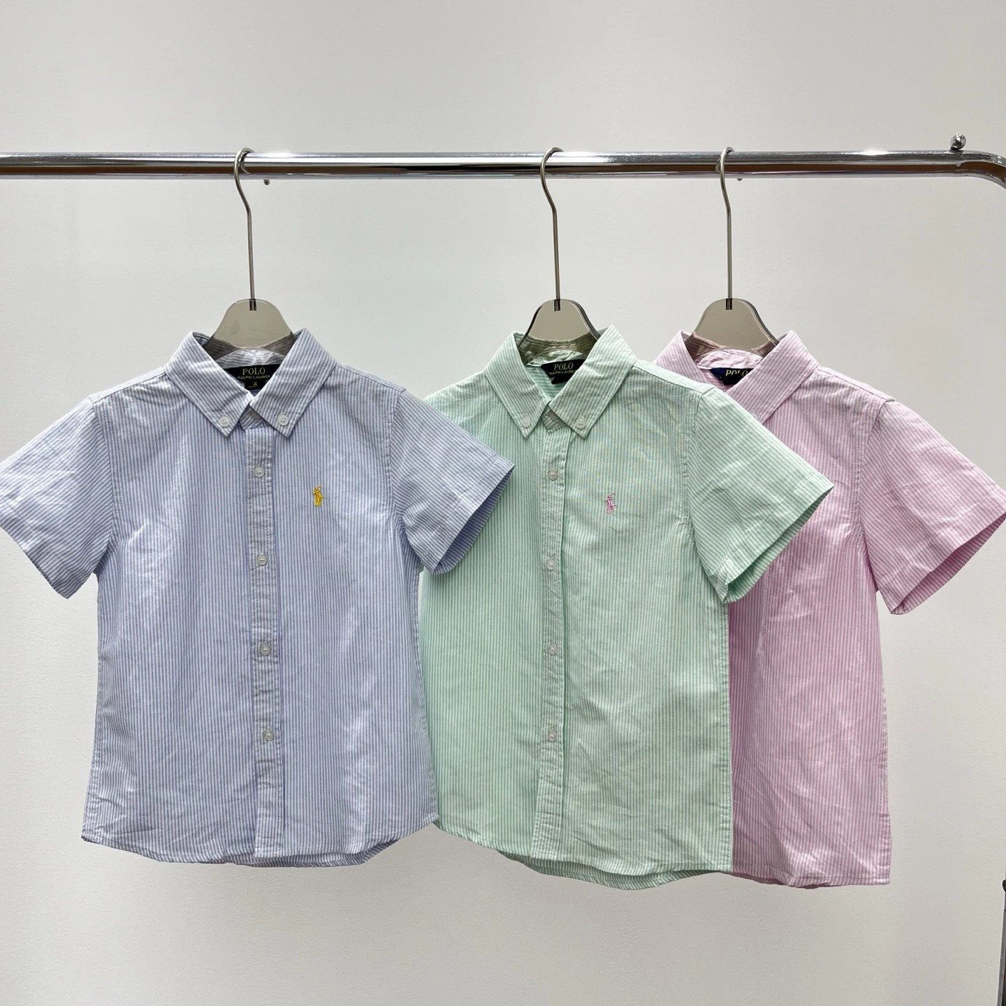 Kid Ralph Lauren Blue, Green, and Pink Striped Short Sleeve Shirts