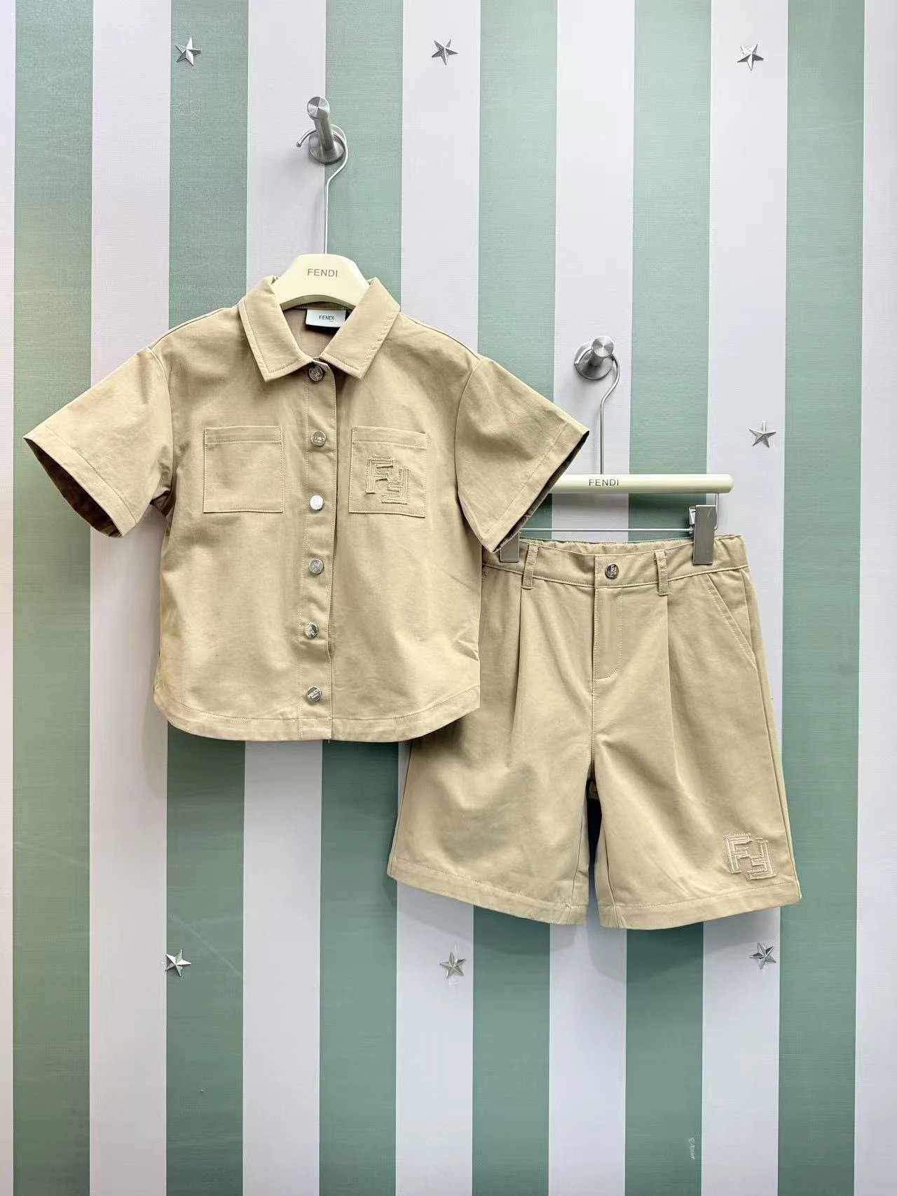 Kid Fendi Beige Short Sleeve Shirt and Shorts Set