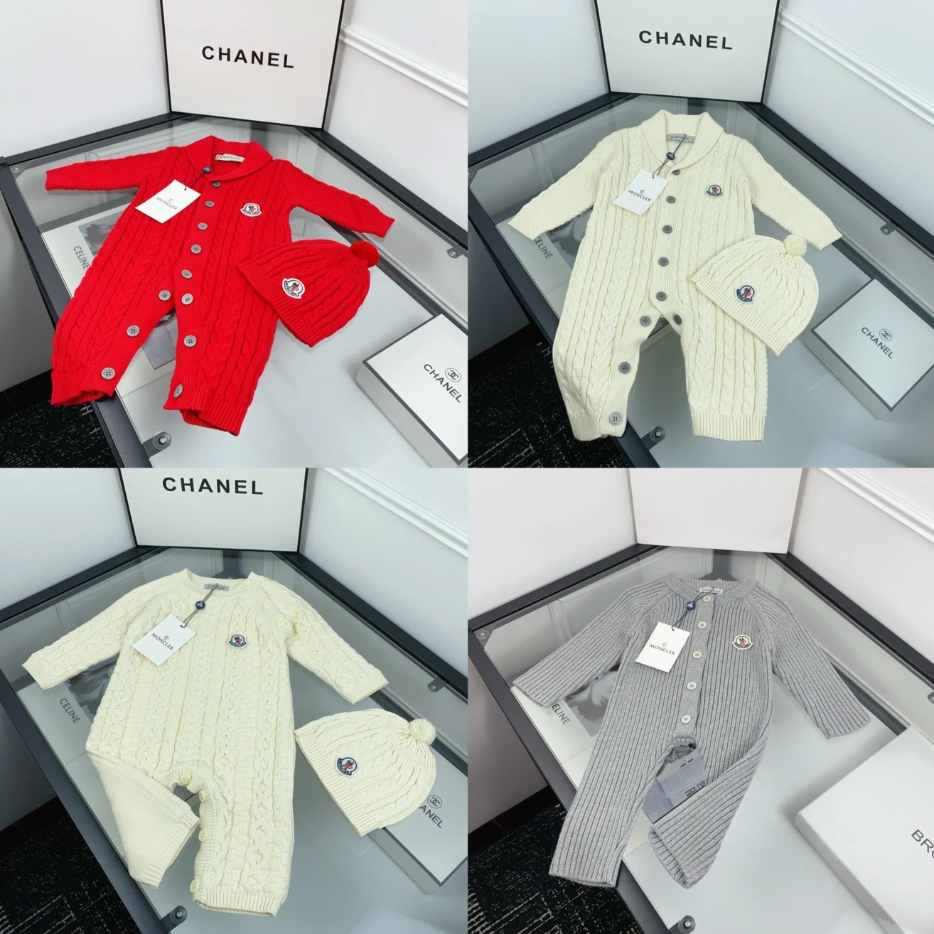 Kid Moncler Red Cable Knit Romper Set with Hat