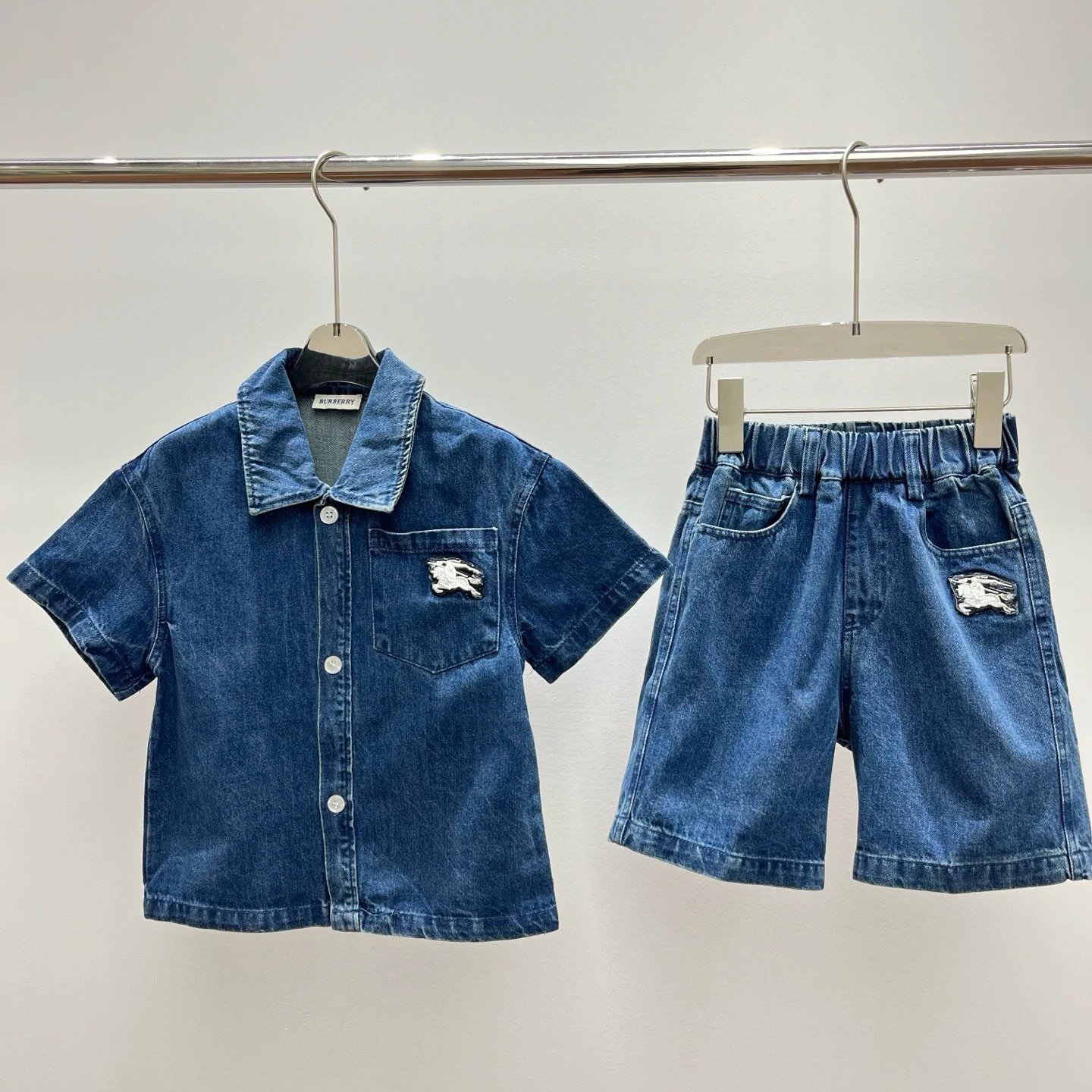 Kid Burberry Blue Denim Shirt and Shorts Set