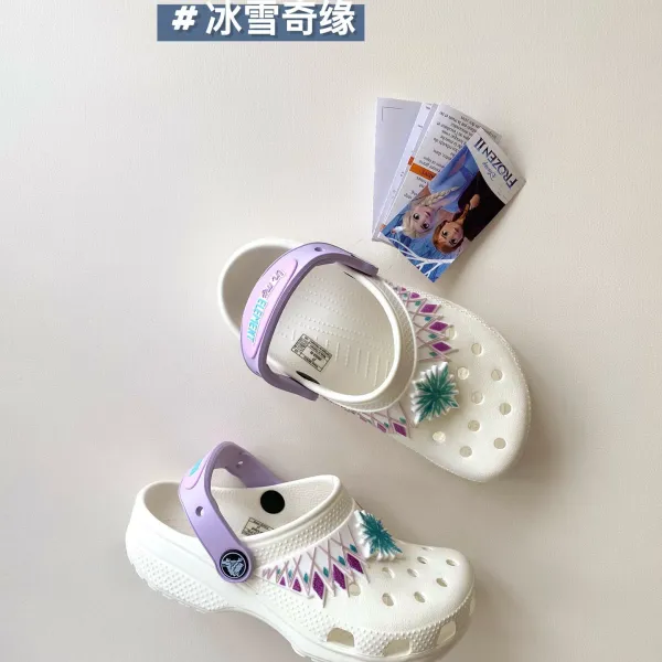 Crocs Classic Clog Frozen II Elsa & Anna Collaboration White Purple Green Sandals - 1