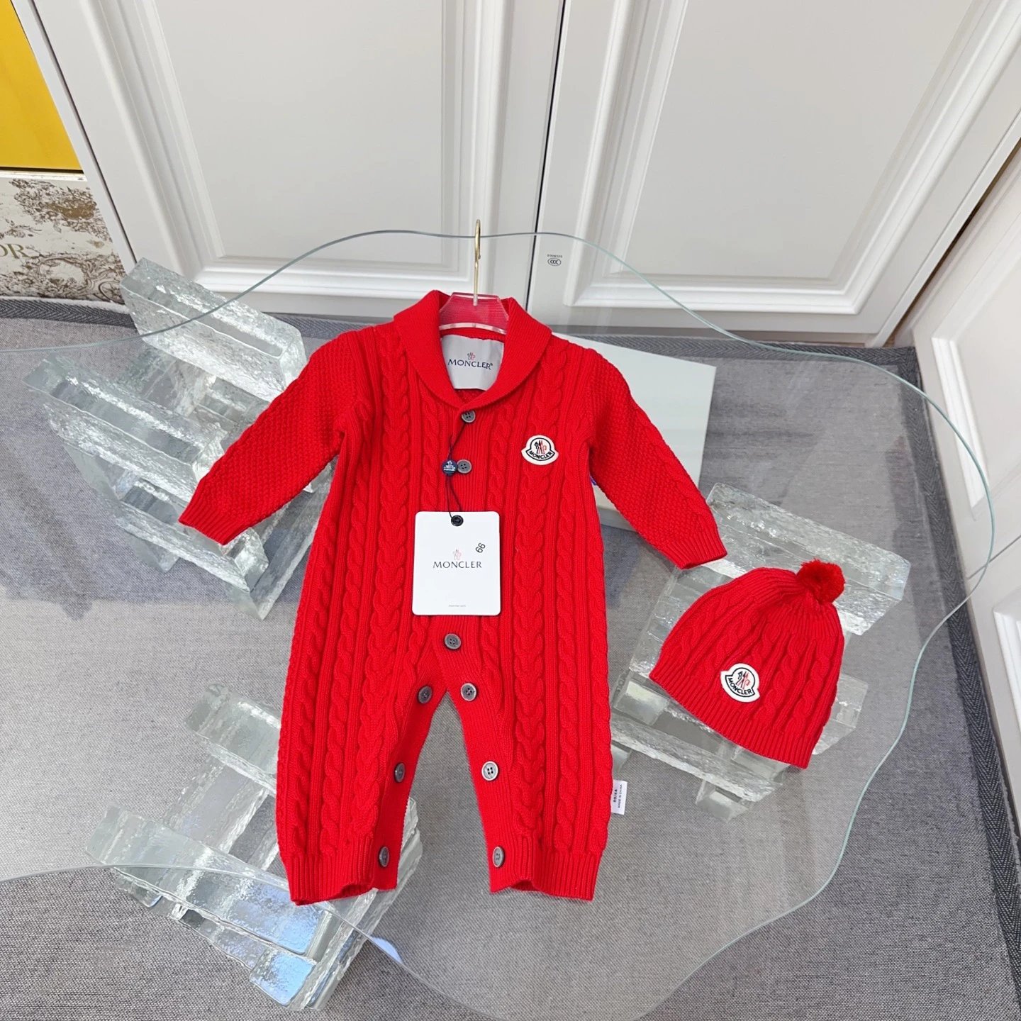 Kid Moncler Red Cable Knit Romper and Hat Set