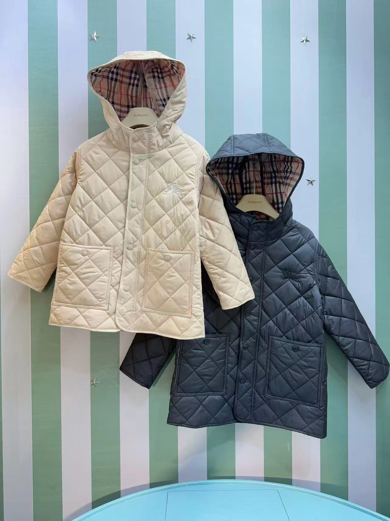 Kid Burberry Beige and Navy Quilted Hooded Jackets