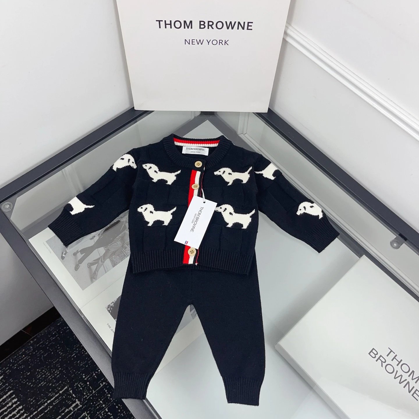 Thom Browne Dachshund Intarsia Knit Cardigan and Pants Set Navy - 14