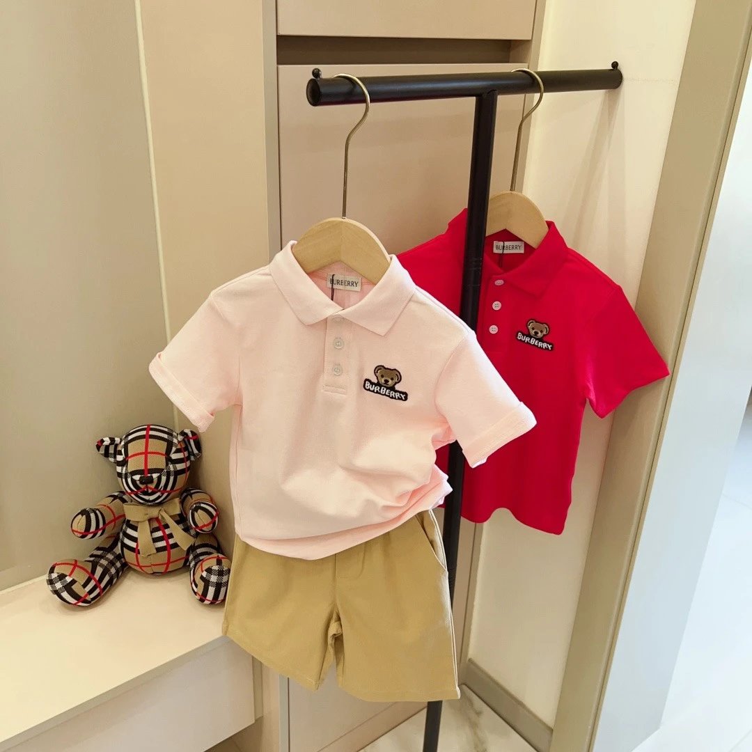 Kid Burberry Pink Polo Shirt and Khaki Shorts Set