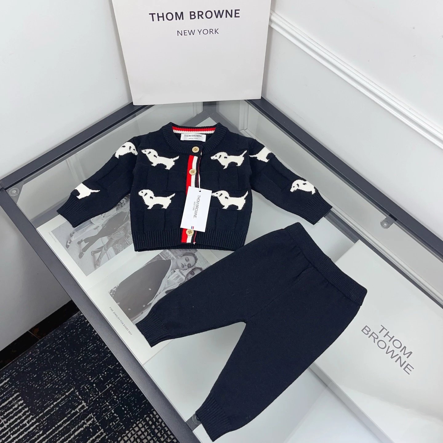 Thom Browne Dachshund Intarsia Knit Cardigan and Pants Set Navy - 15