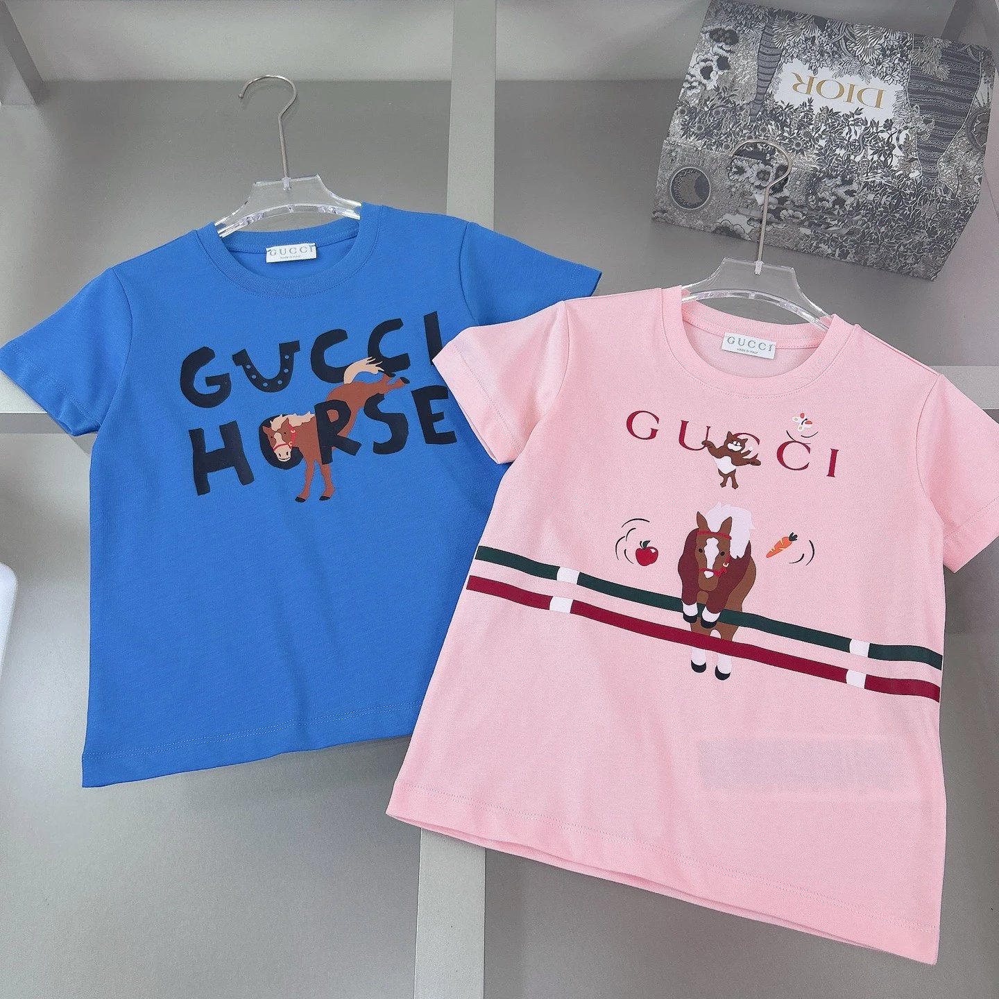 Kid Gucci Blue and Pink Horse Graphic T-Shirts