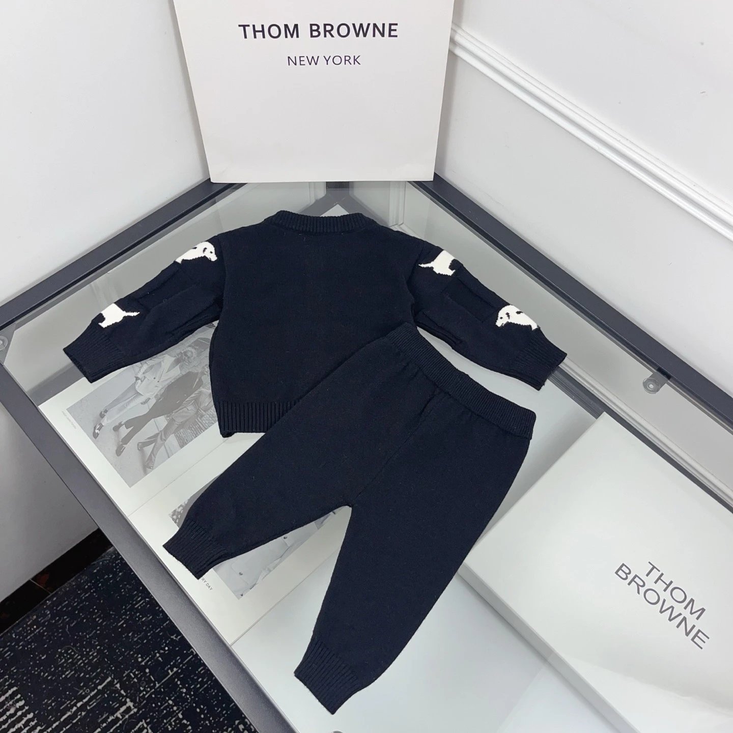Thom Browne Dachshund Intarsia Knit Cardigan and Pants Set Navy - 16