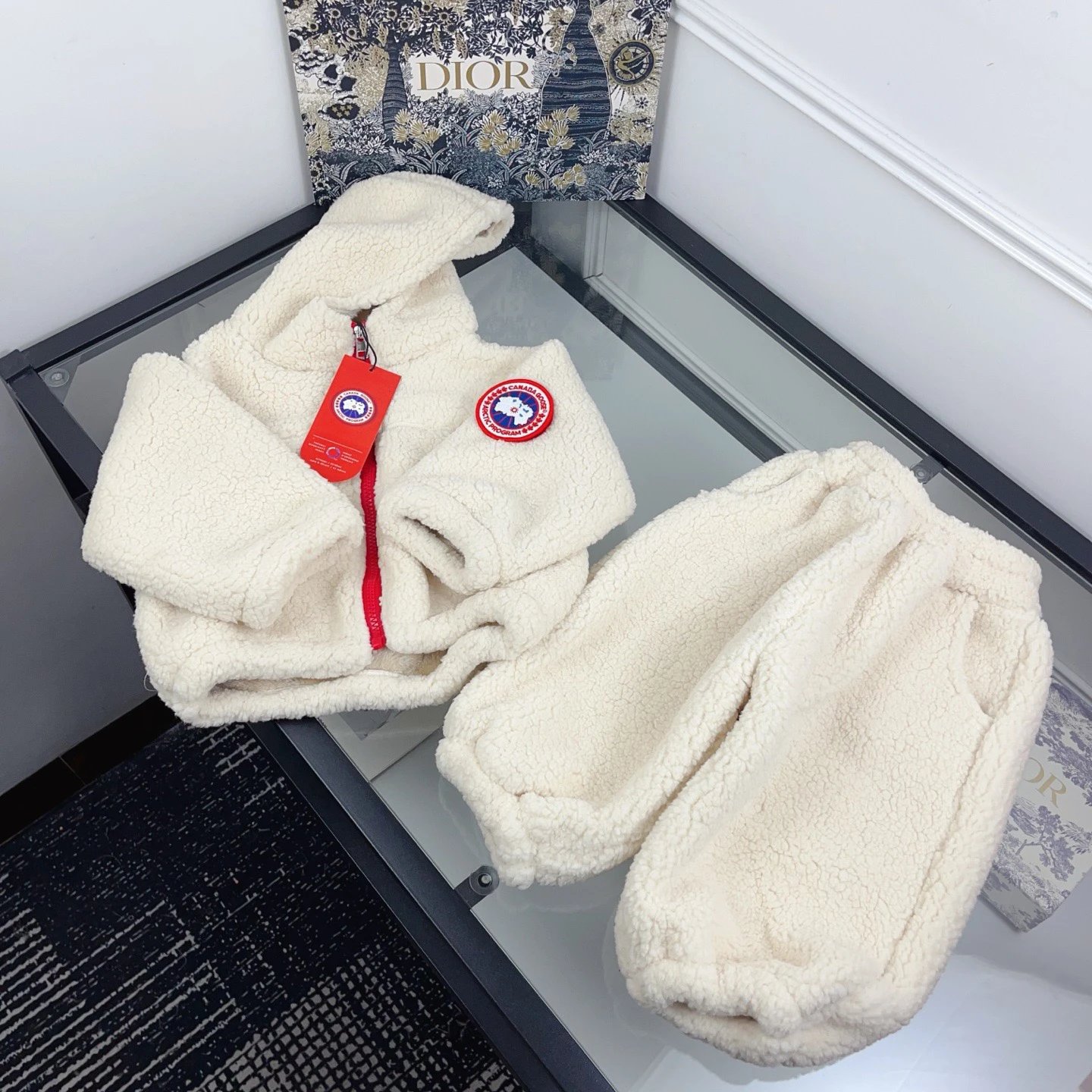 Kid Canada Goose White Sherpa Hoodie and Pants Set