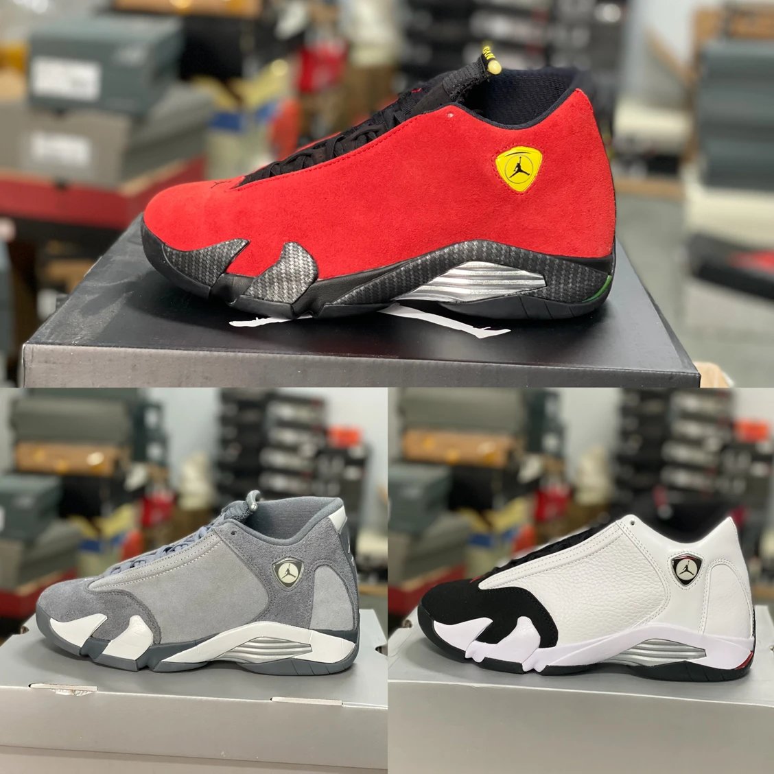 Air Jordan 14 Exclusive Pure Original DG2.0 Black and White Panda Black and Red Ferrari Cool Grey Suede Leather Head Layer with Built in Split Zoom Air Cushion