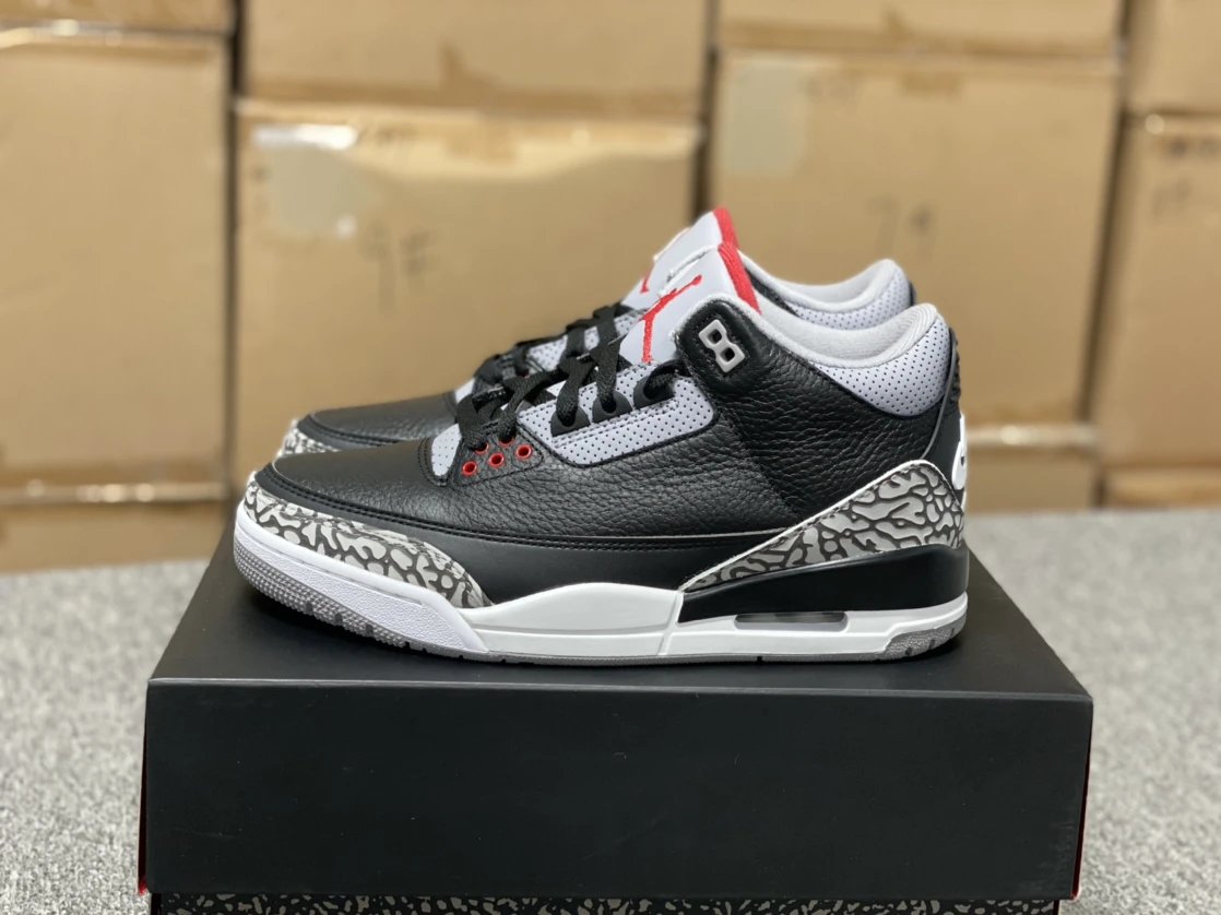 New G Pure Original Version Air Jordan 3 Retro Black Cement Joe 3 Black Cement Burst Pattern Head Layer Leather Original Box Retro Basketball Shoes