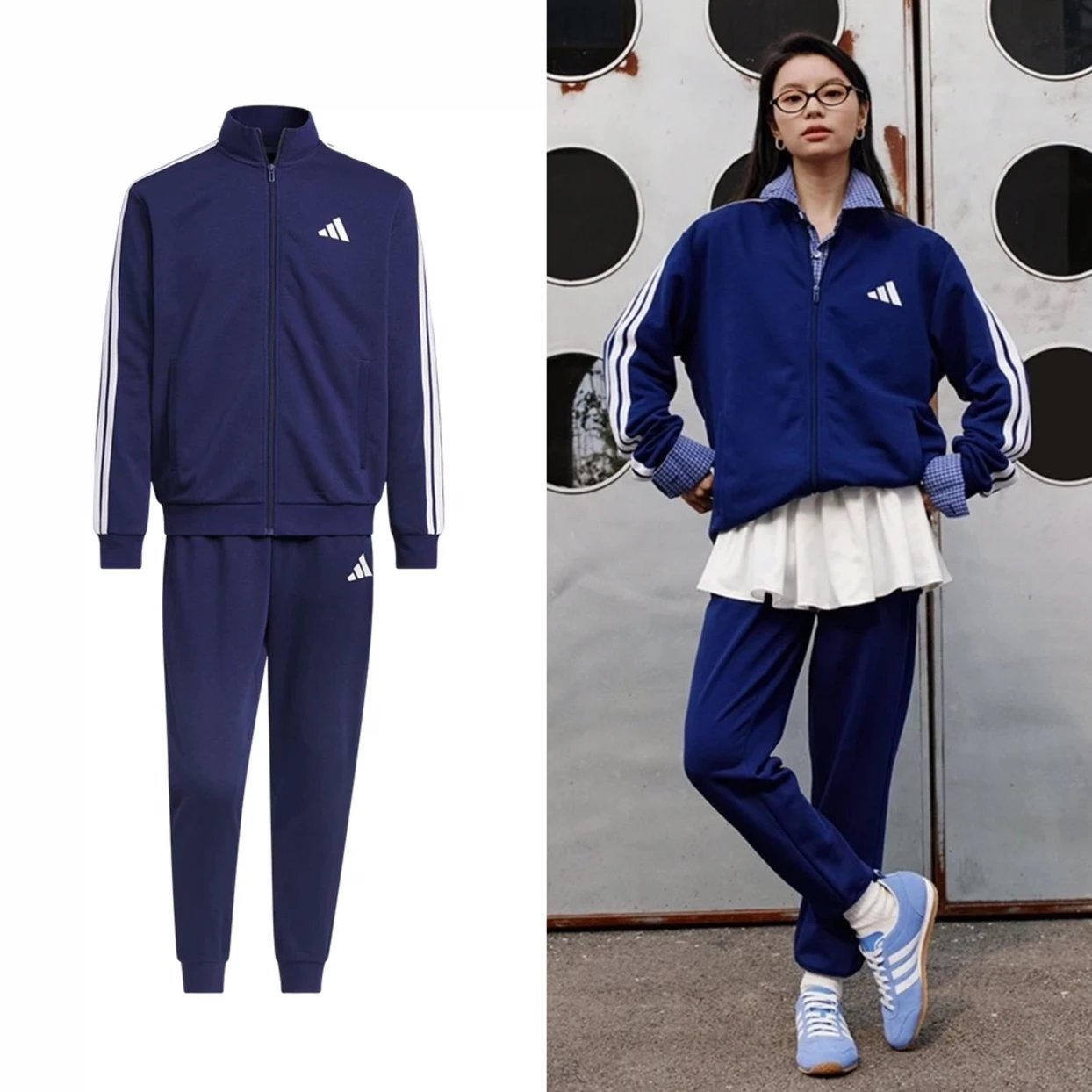 Adidas/阿迪达斯 V TRACKSUIT 经典Logo三条纹男女同款运动休闲立领拉链长袖夹克外套长裤套装JZ0109