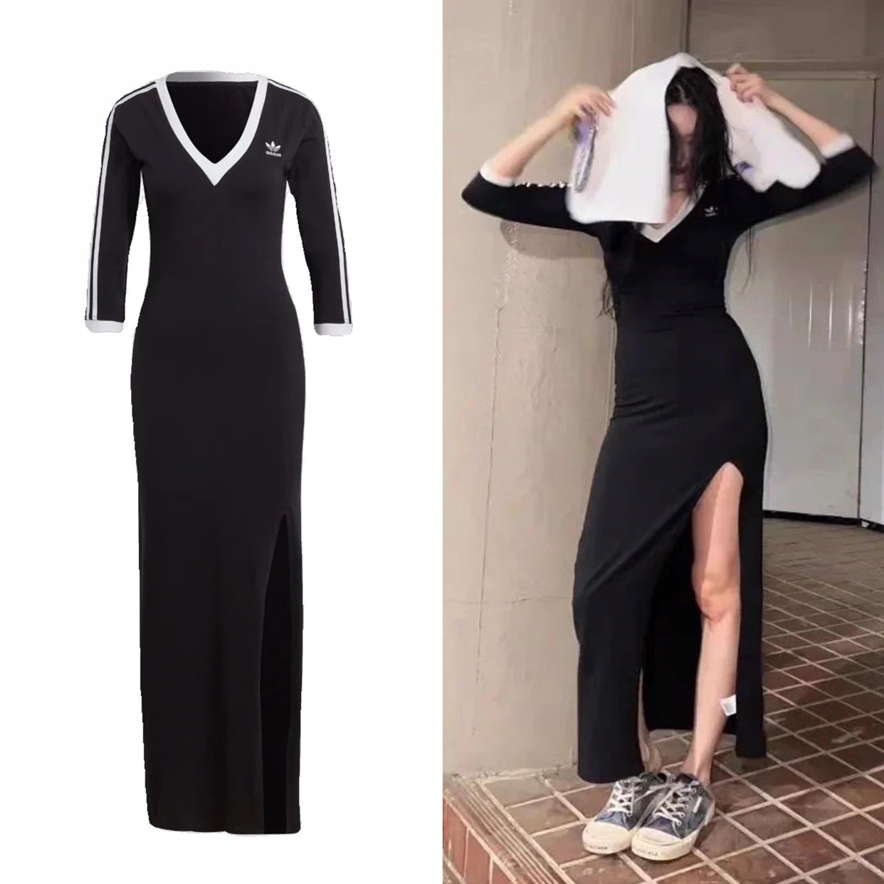ADIDAS Originals adicolor Maxi Dress - Classic Embroidered Logo, Retro Side Slit, Sports Casual, Mid-Sleeve V-Neck Long Denim Dress IK0439