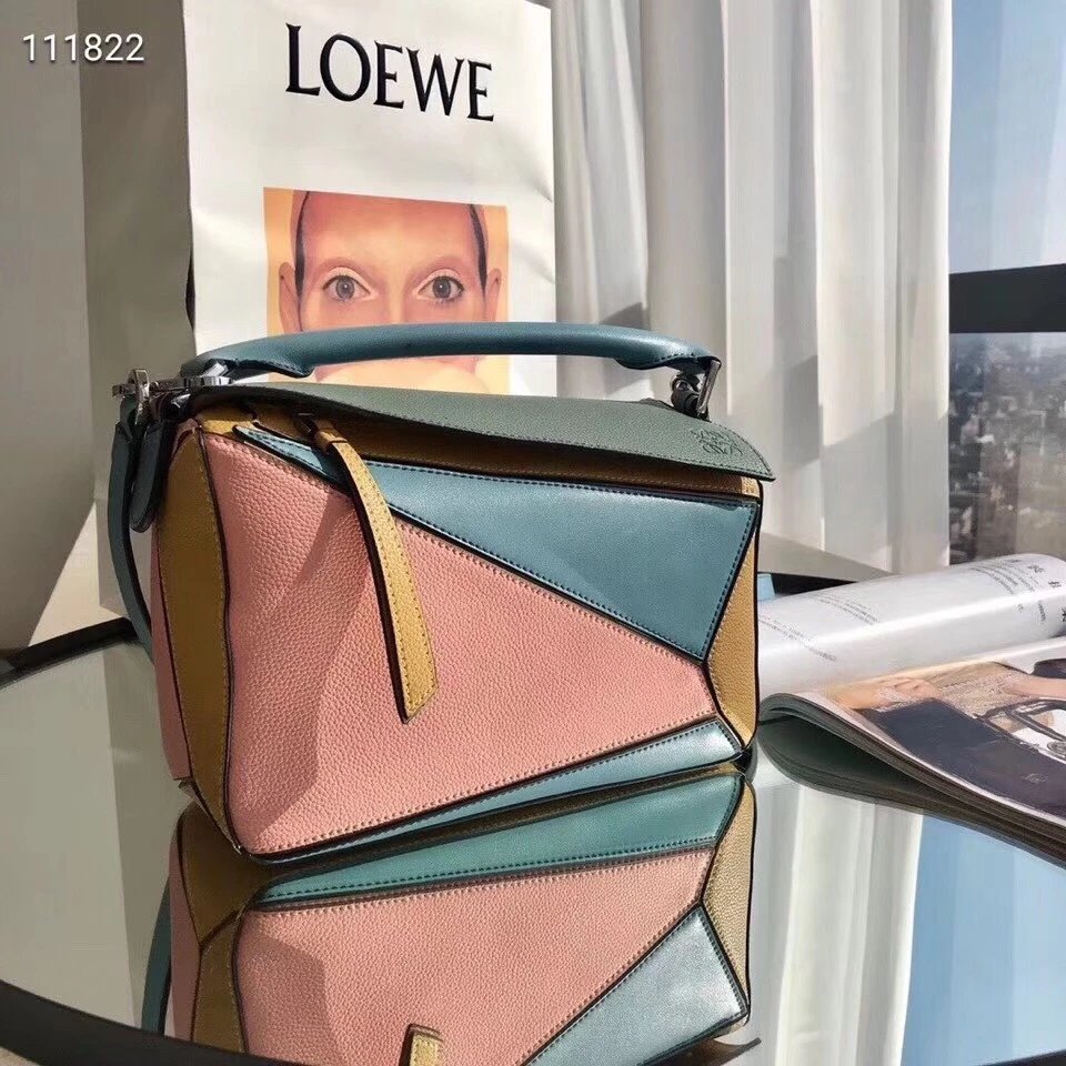 Loe罗家几何包荔枝纹牛皮拼色女包puzzl时尚单肩手提包斜挎包休闲百搭手机包