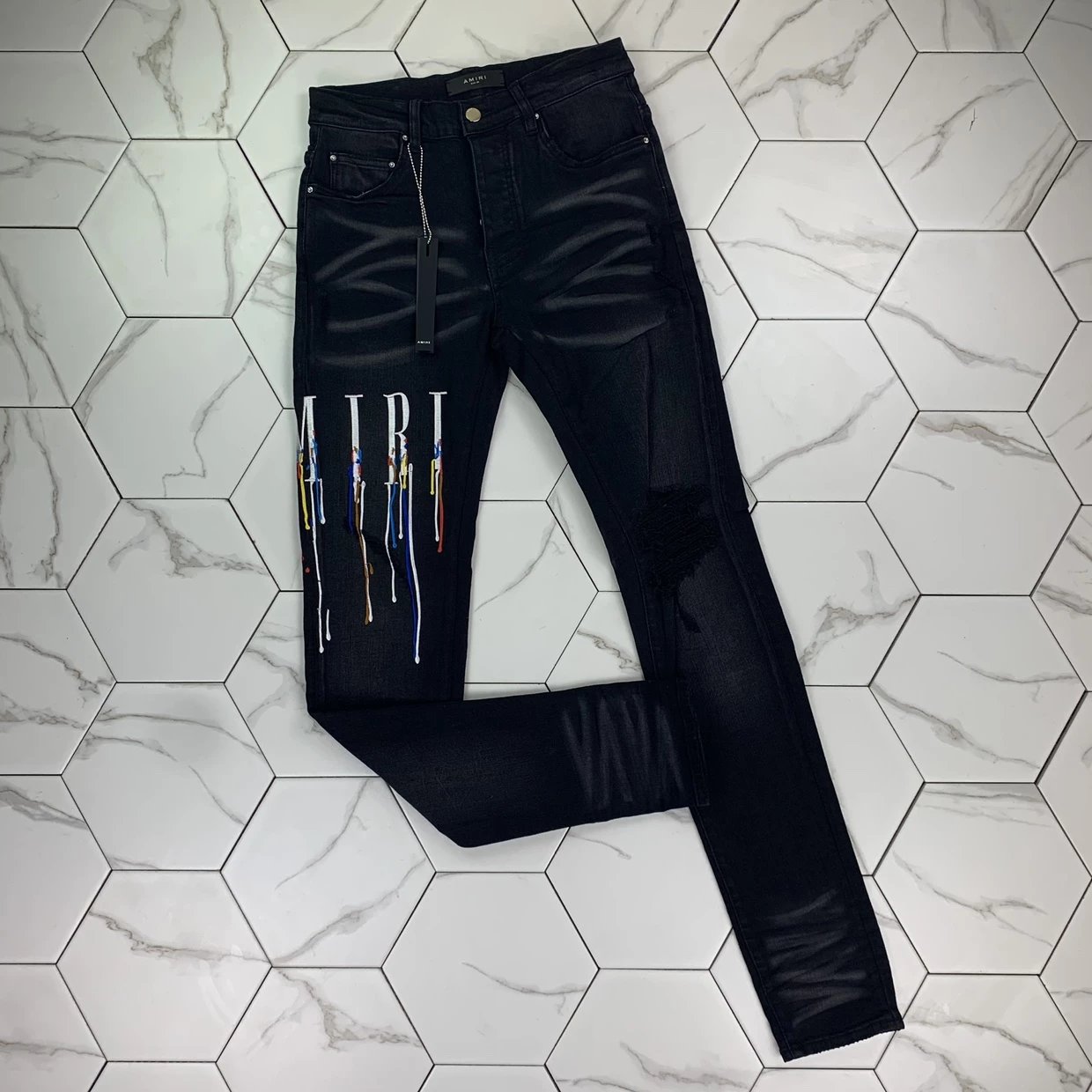 Amiri new washable distressed logo graffiti embroidery black jeans micro elastic slim fit high street ins style
