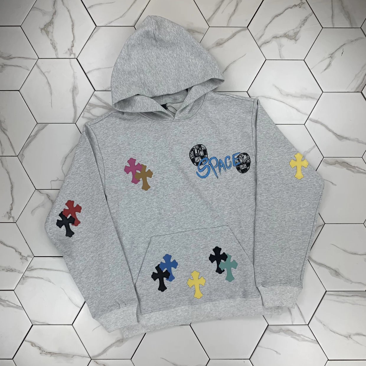 CH Kroxin 22ss new sex limited edition graffiti color patchwork cross flower gray hooded sweatshirt loose os version unisex