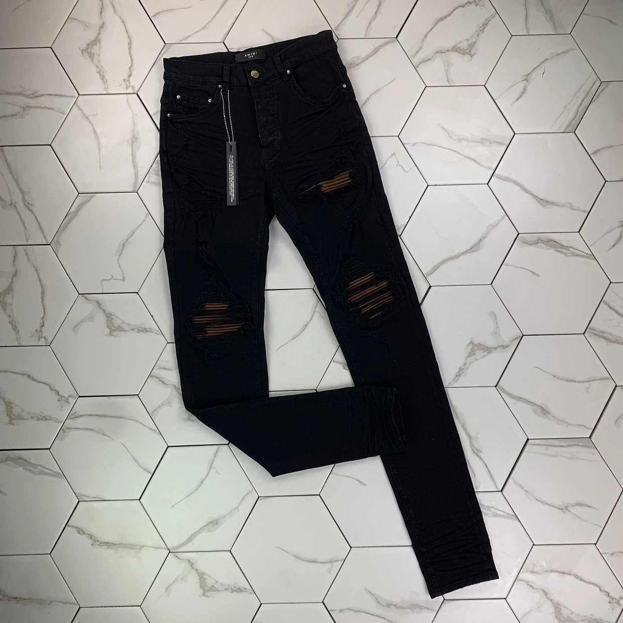 Amiri New MX1 Washed Distressed Coffee Brown Suede & Black Leather Patch Jeans Streetwear