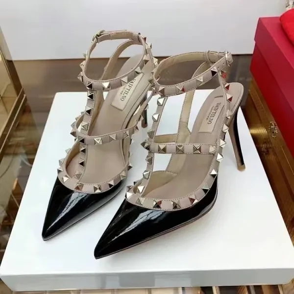 Valentino Rockstud Strappy Pointed-Toe Stilettos Black Beige - 1