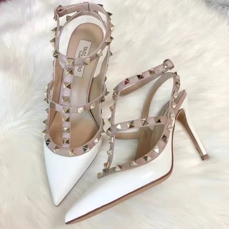 Valentino Rockstud Strappy Pointed-Toe Stilettos White - 1