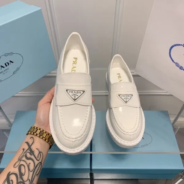 Prada Triangle Logo Loafers White Casual Shoes - 6