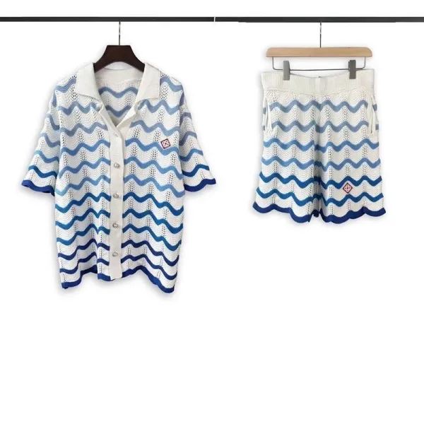 Design Wave Knit Set Blue and White Cardigan and Shorts - 1