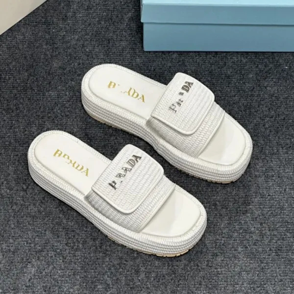 Prada Logo-Embellished Raffia Platform Slides Beige Sandals Slippers - 5