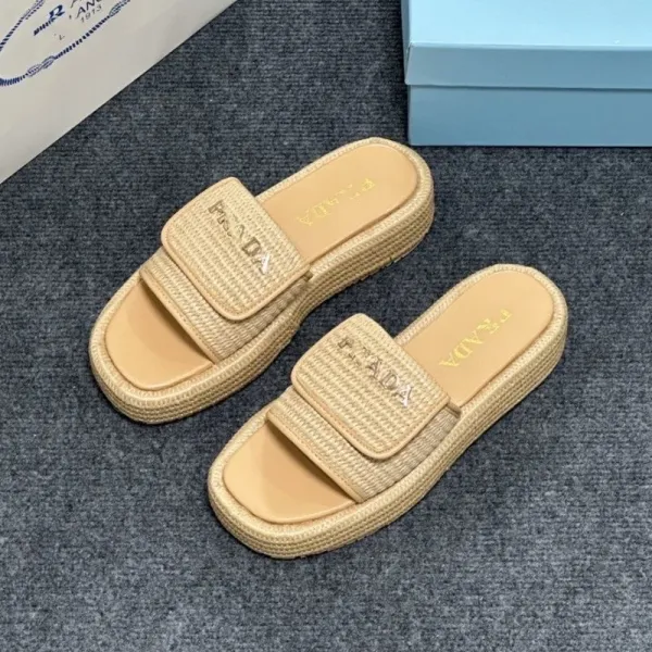 Prada Woven Platform Slide Sandals Beige Slippers - 1