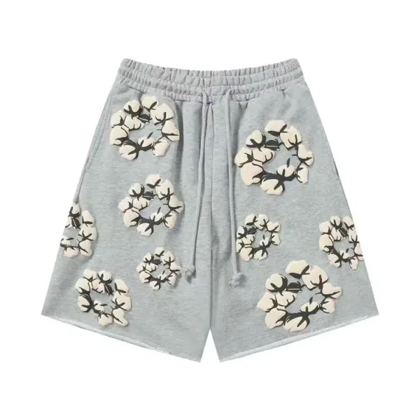 Off-White Cotton Flower Embroidered Gray Sweat Shorts - 1