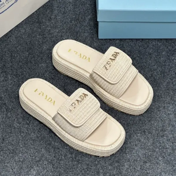 Prada Logo-Embellished Raffia Platform Slides Beige Sandals Slippers - 6